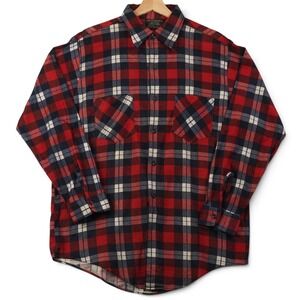 JCPenney Mens Flannel‎ Shirt L Red Plaid 1970s Vintage Lumberjack Grunge *FLAW*